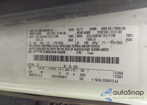 2018 Ford Transit-250 z USA, uszkodzony, nr VIN 1FTYR1CM5JKA14298